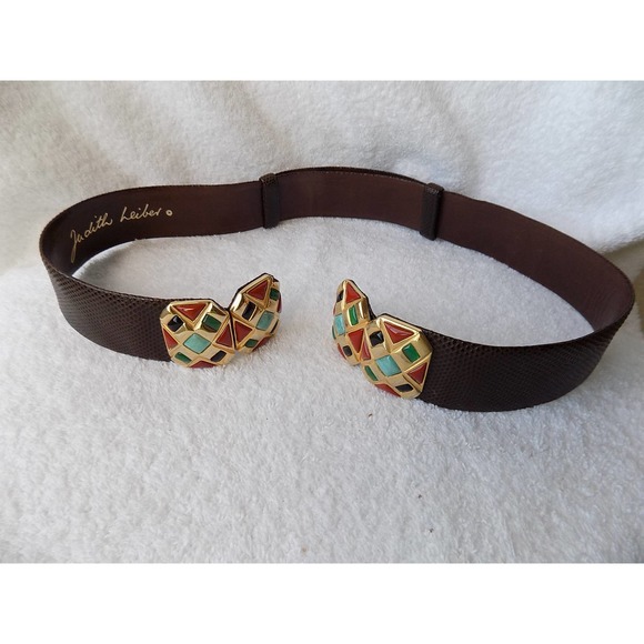 Judith Leiber Accessories - Judith Leiber brown snakeskin belt with multicolor stones